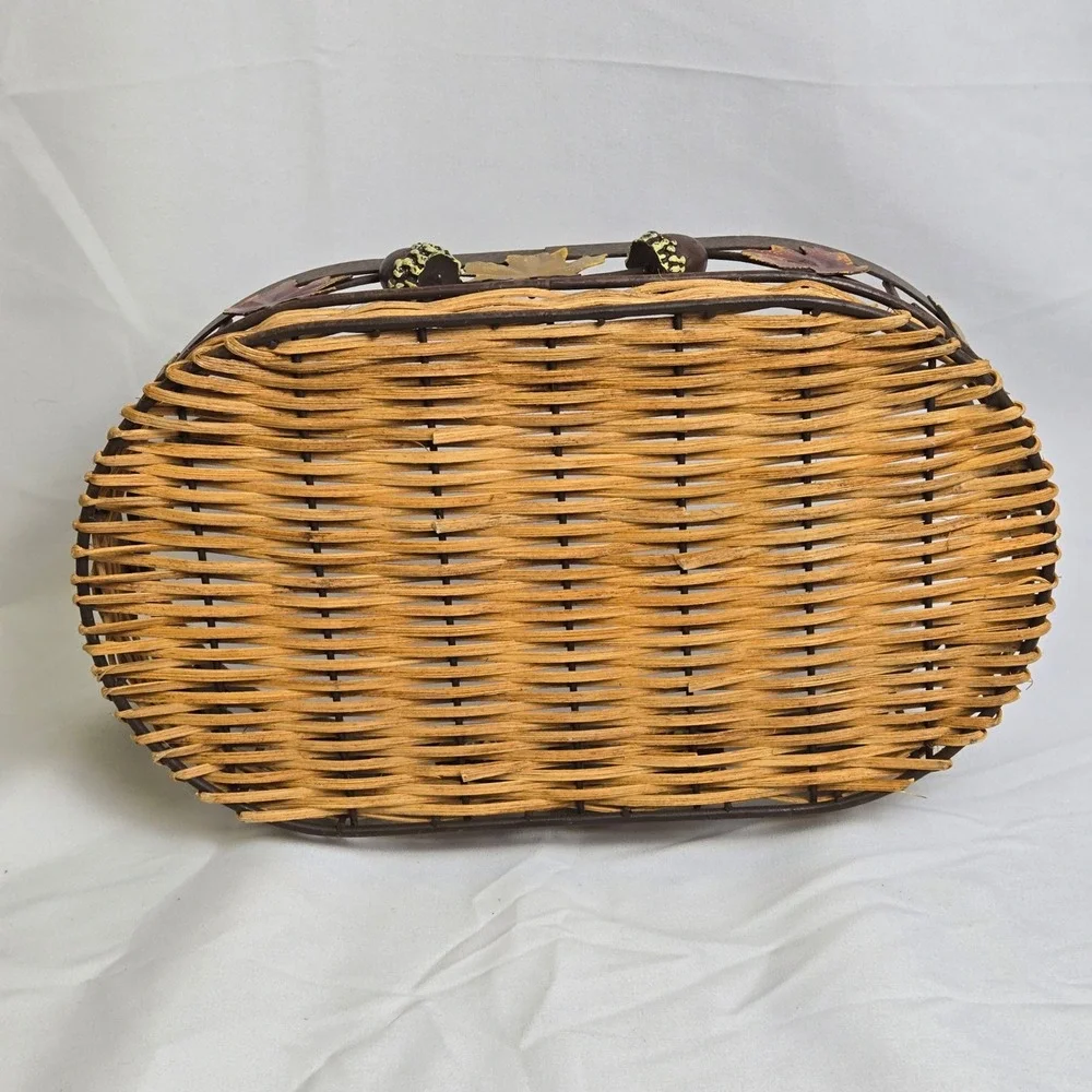 Decorative Basket Woven Wicker Base Metal Rim With Fall Autumn Leaves Acorns 11
